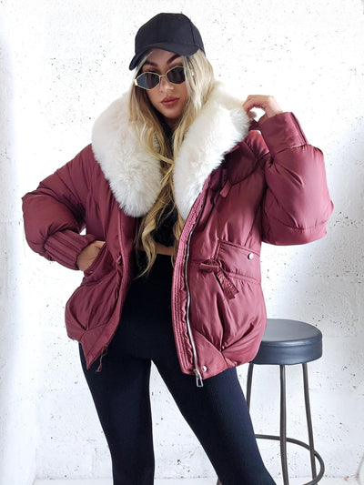 Lucy Faux fur collar puffer jacket Burgundy