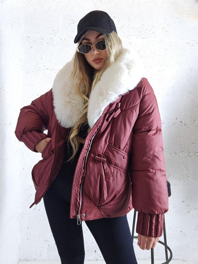 Lucy Faux fur collar puffer jacket Burgundy