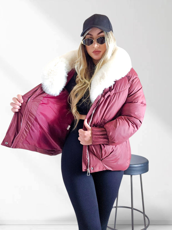 Lucy Faux fur collar puffer jacket Burgundy