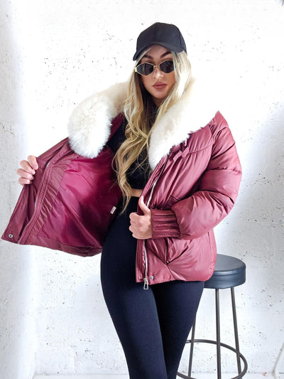 Lucy Faux fur collar puffer jacket Burgundy