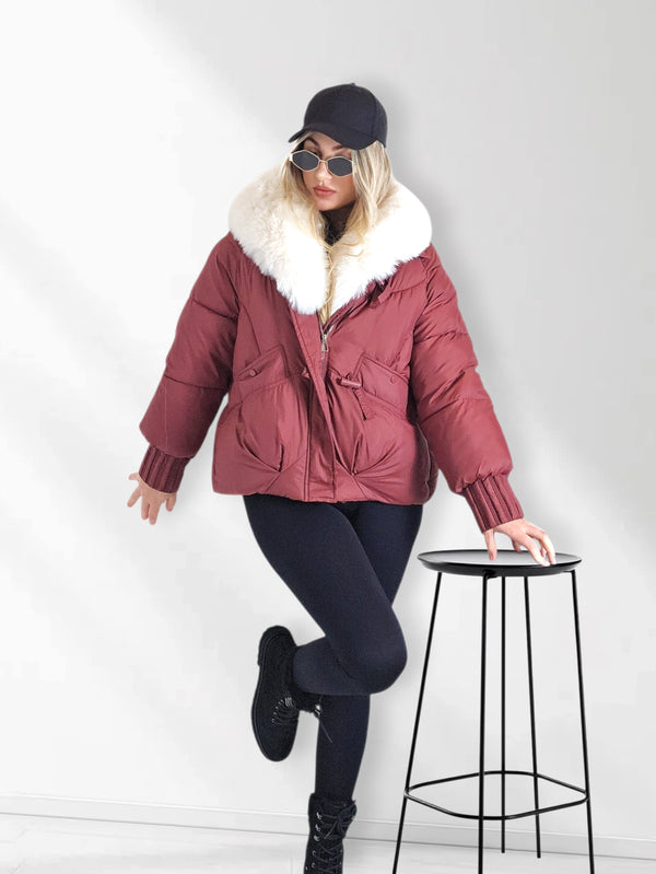 Lucy Faux fur collar puffer jacket Burgundy