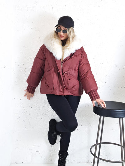 Lucy Faux fur collar puffer jacket Burgundy