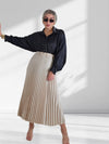 Beige Pleated belted satin skirt