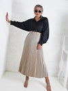 Beige Pleated belted satin skirt