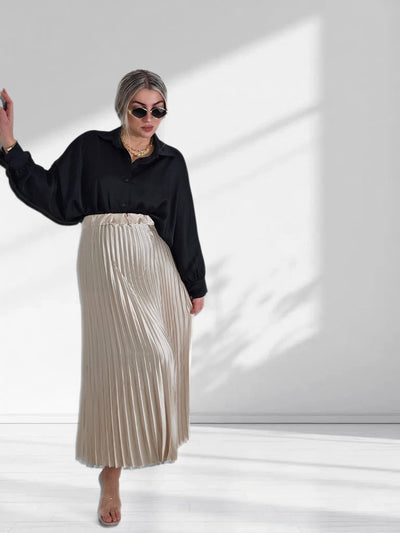 Beige Pleated belted satin skirt