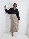Beige Pleated belted satin skirt