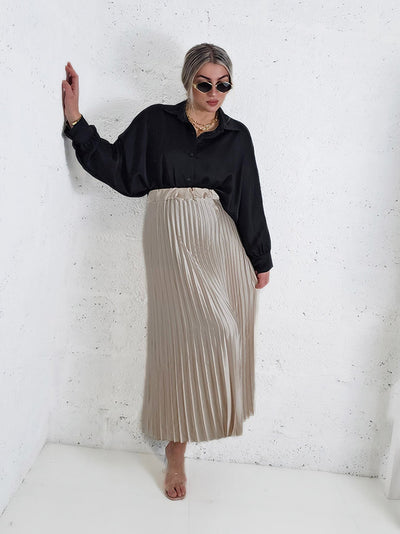 Beige Pleated belted satin skirt