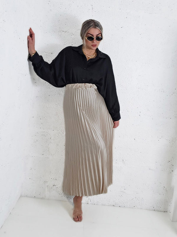 Beige Pleated belted satin skirt