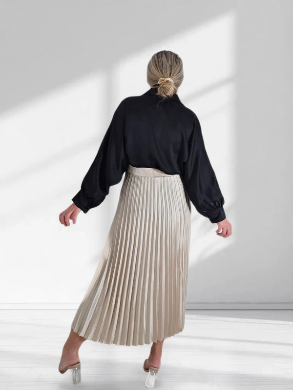 Beige Pleated belted satin skirt