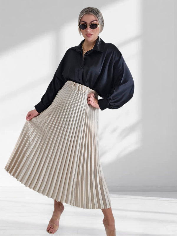 Beige Pleated belted satin skirt