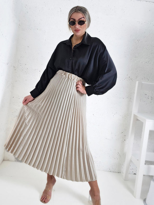 Beige Pleated belted satin skirt
