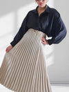 Beige Pleated belted satin skirt
