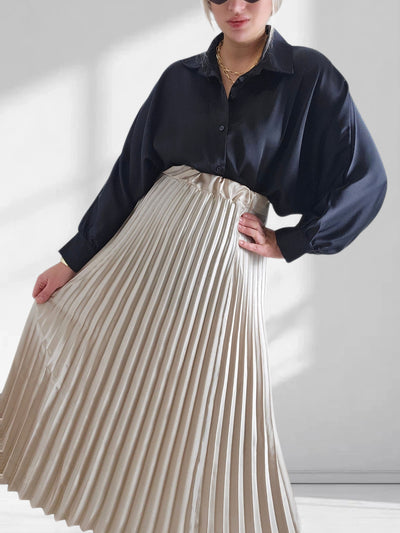 Beige Pleated belted satin skirt