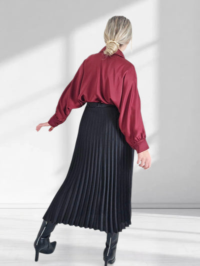 Black Pleated belted satin skirt