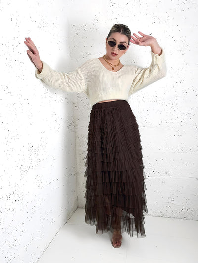 Mila Brown ruffle Tiered tulle skirt
