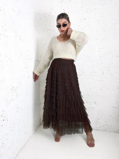 Mila Brown ruffle Tiered tulle skirt