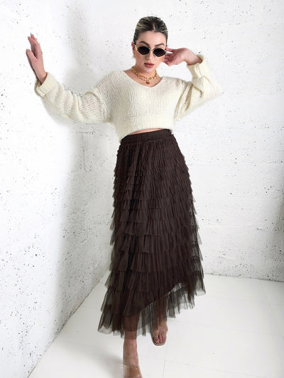 Mila Brown ruffle Tiered tulle skirt