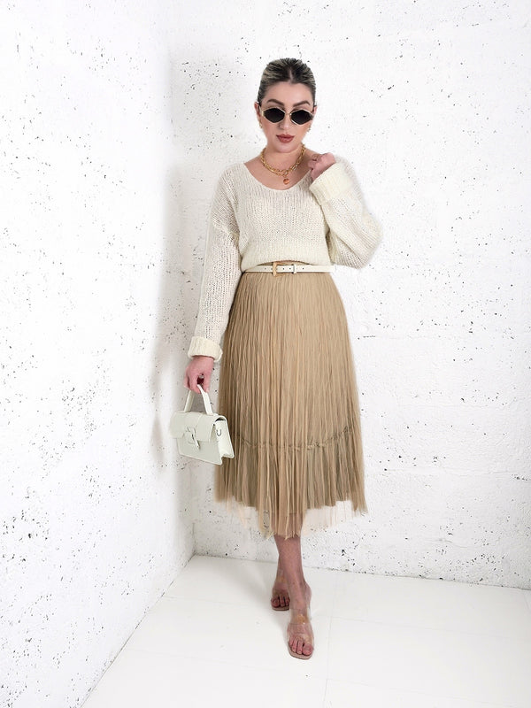Dara Beige structured detail Pleated tulle skirt