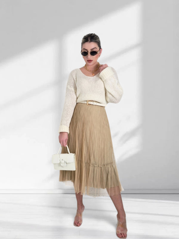 Dara Beige structured detail Pleated tulle skirt