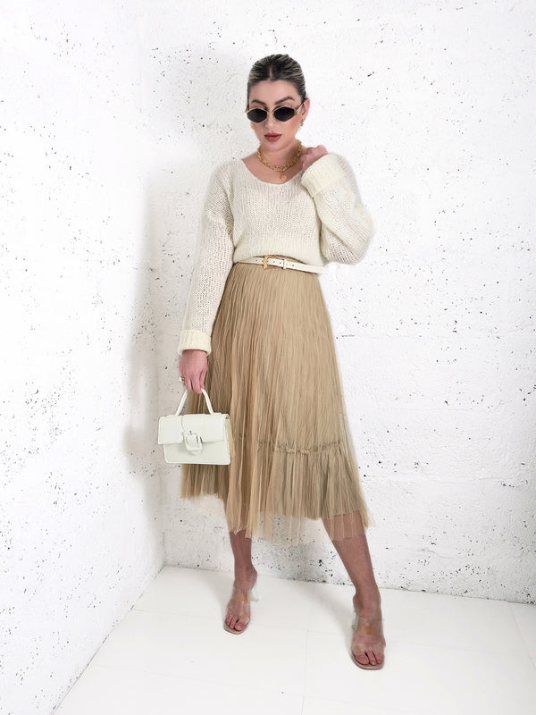 Dara Beige structured detail Pleated tulle skirt