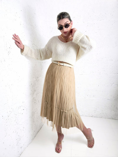 Dara Beige structured detail Pleated tulle skirt