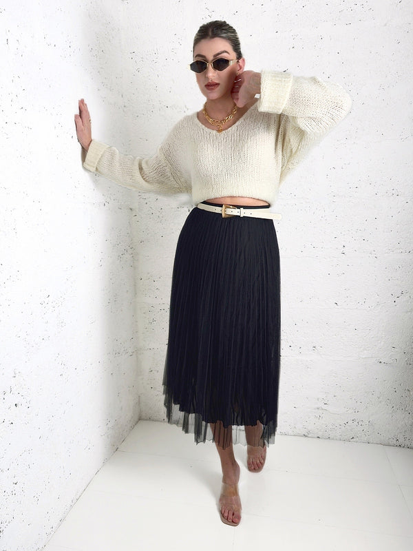 Dara Black structured detail Pleated tulle skirt