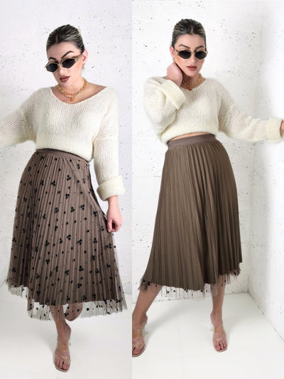 Zoe Brown Flower detail Pleated 2 side skirt