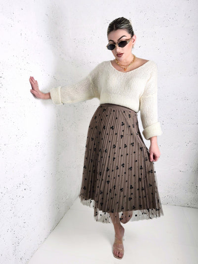 Zoe Brown Flower detail Pleated 2 side skirt