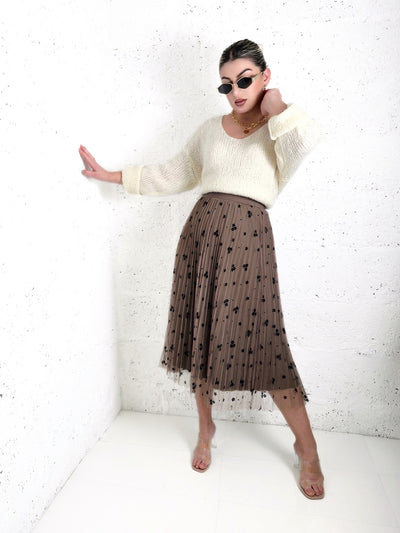 Zoe Brown Flower detail Pleated 2 side skirt