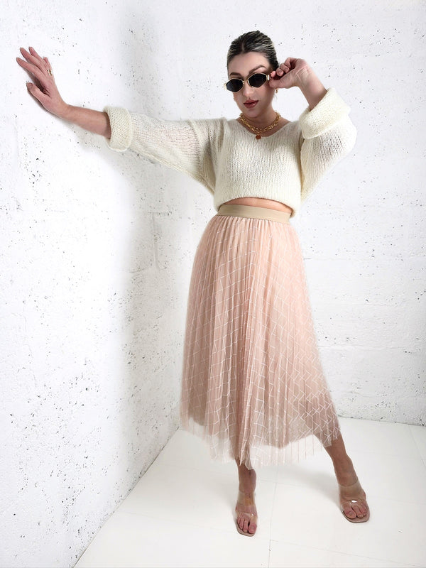 Zoe Beige/Apricot Geometric detail Pleated skirt