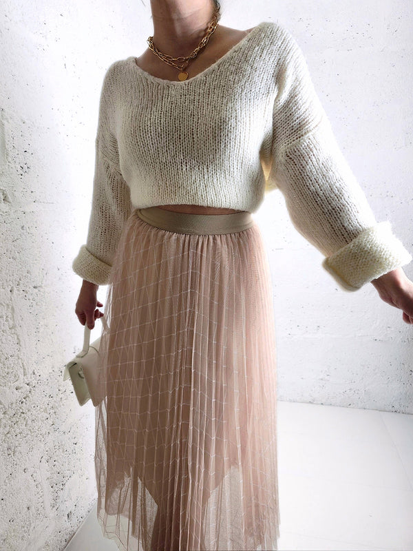 Zoe Beige/Apricot Geometric detail Pleated skirt