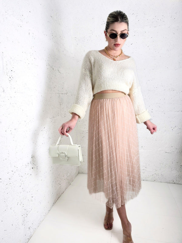 Zoe Beige/Apricot Geometric detail Pleated skirt