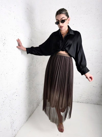 Mia Brown Gradient Shiny Tulle pleated skirt