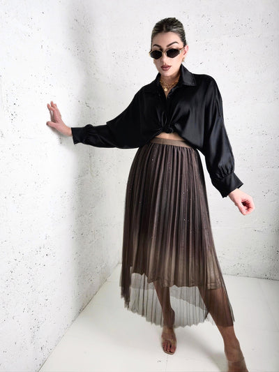 Mia Brown Gradient Shiny Tulle pleated skirt