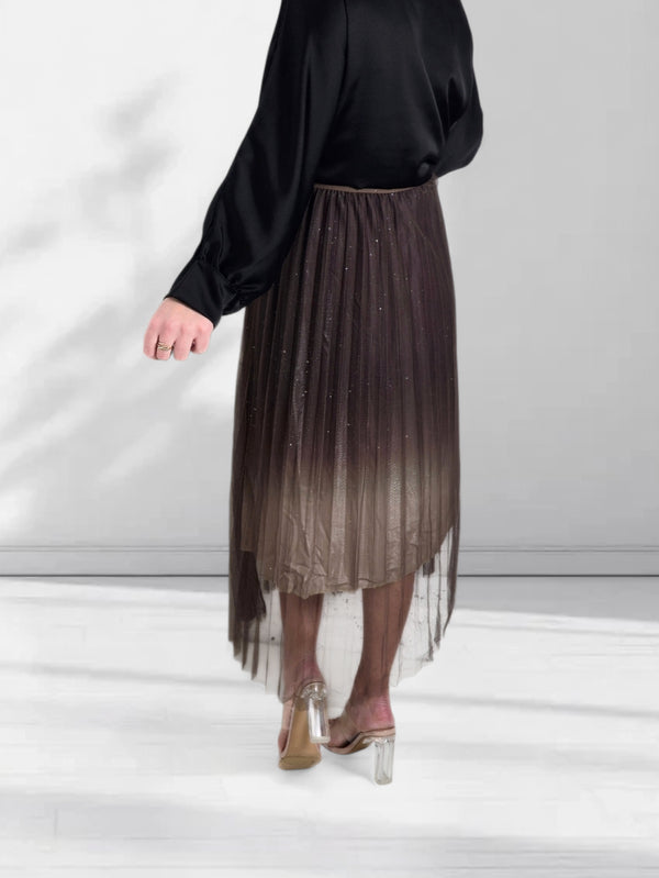 Mia Brown Gradient Shiny Tulle pleated skirt