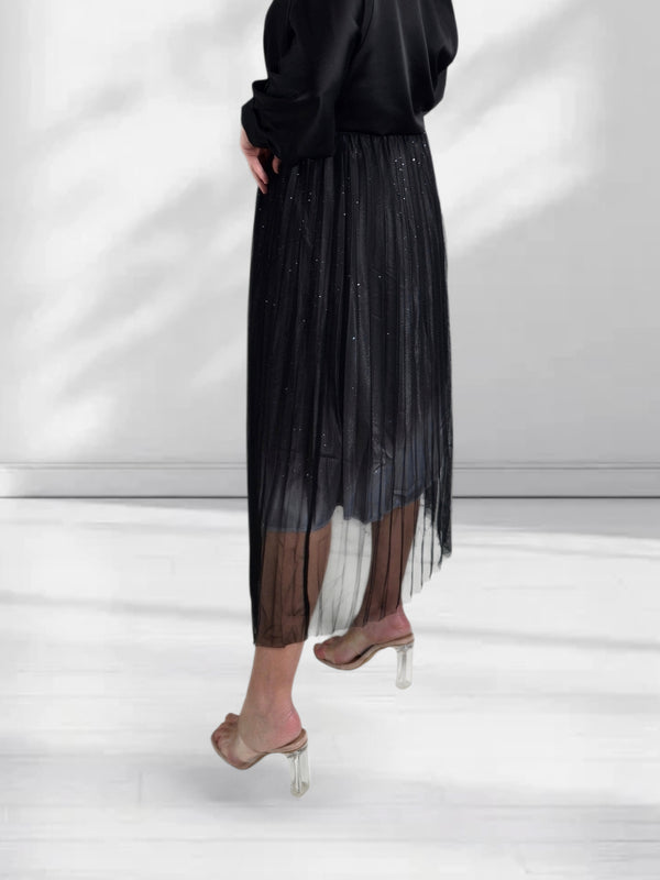 Mia Black Gradient Shiny Tulle pleated skirt