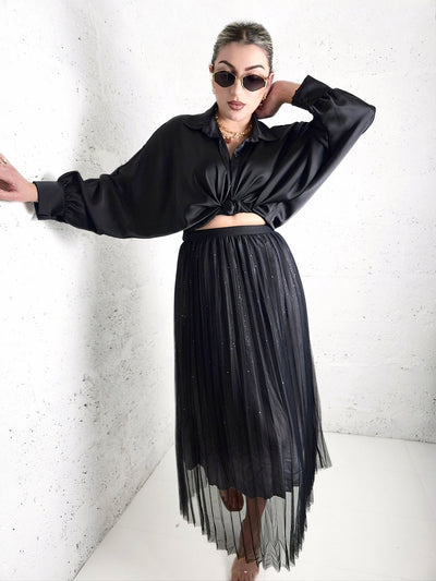 Mia Black Gradient Shiny Tulle pleated skirt
