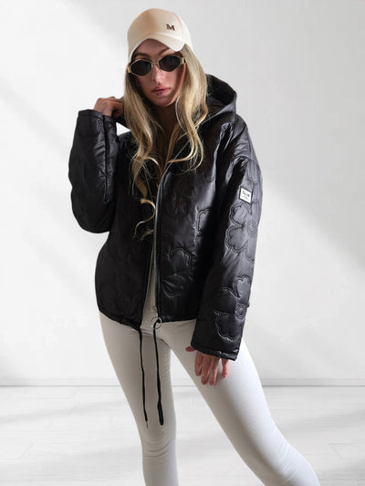 Thea Oversize flower Quilted hooded jacket Black