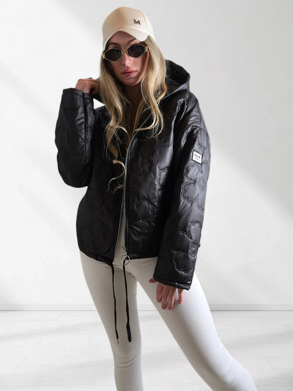 Thea Oversize flower Quilted hooded jacket Black
