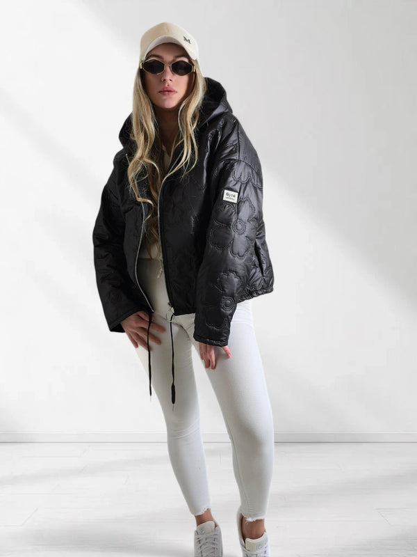 Thea Oversize flower Quilted hooded jacket Black