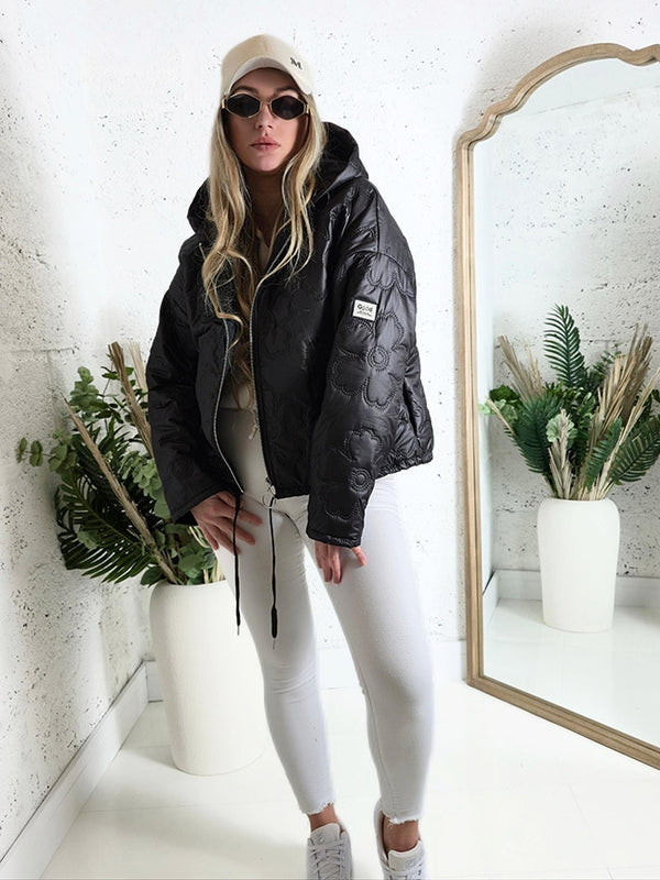 Thea Oversize flower Quilted hooded jacket Black