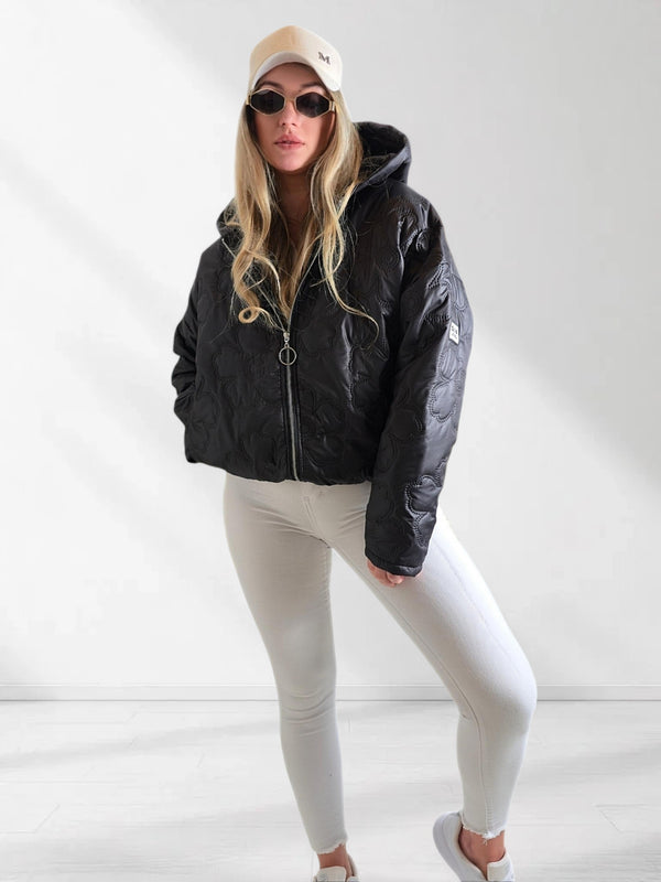 Thea Oversize flower Quilted hooded jacket Black