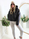 Thea Oversize flower Quilted hooded jacket Black