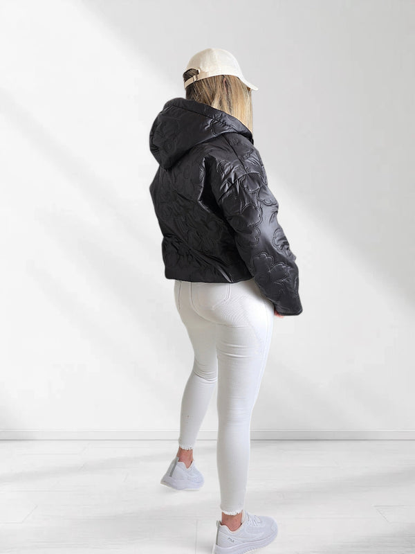 Thea Oversize flower Quilted hooded jacket Black