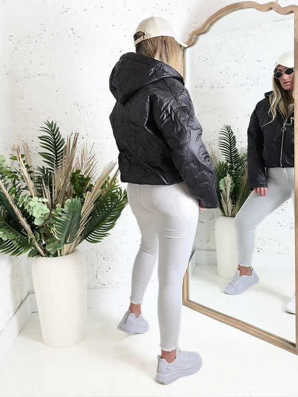 Thea Oversize flower Quilted hooded jacket Black