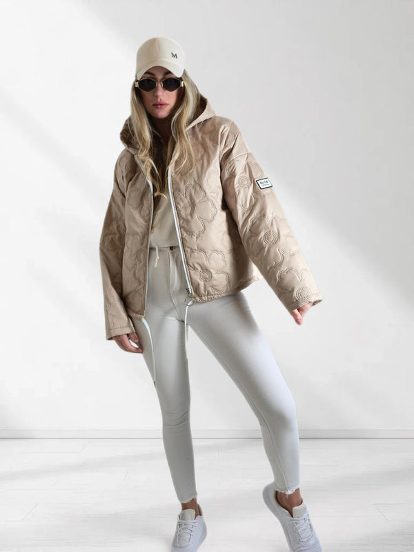 Thea Oversize flower Quilted hooded jacket Beige