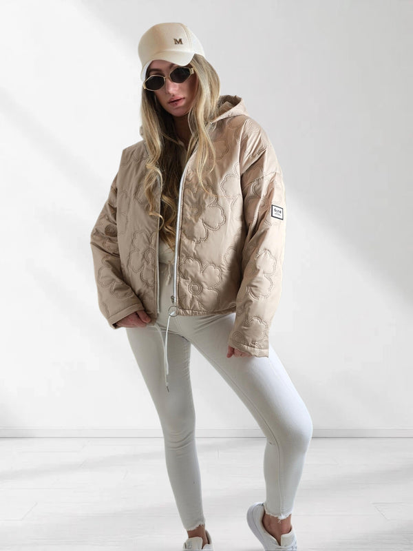 Thea Oversize flower Quilted hooded jacket Beige