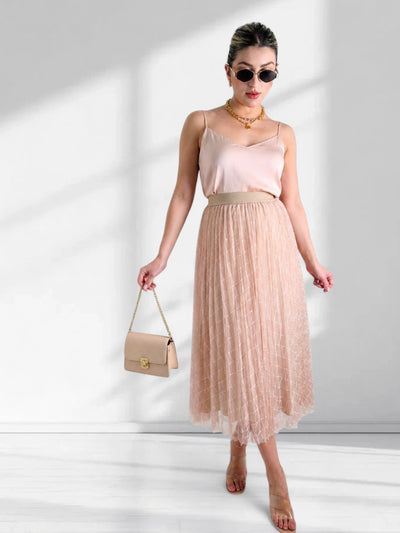 Zoe Beige/Apricot Geometric detail Pleated skirt