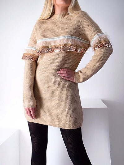 Knitted longline jumper Sequin and lace detailBeige