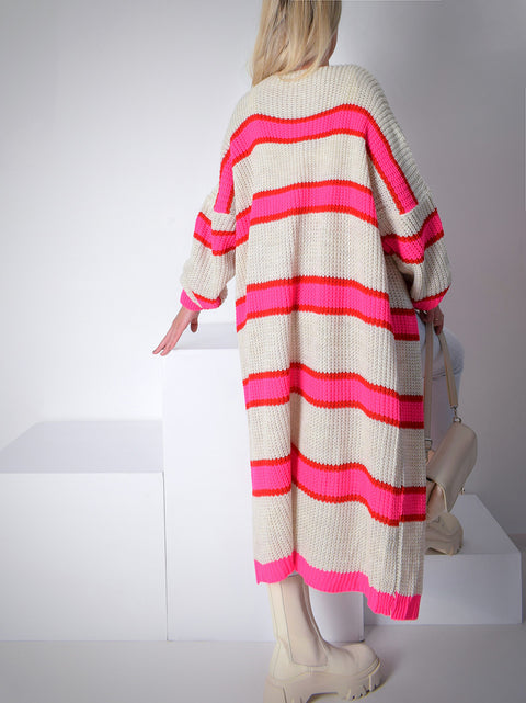Stripe Longline Knitted cardigan Beige